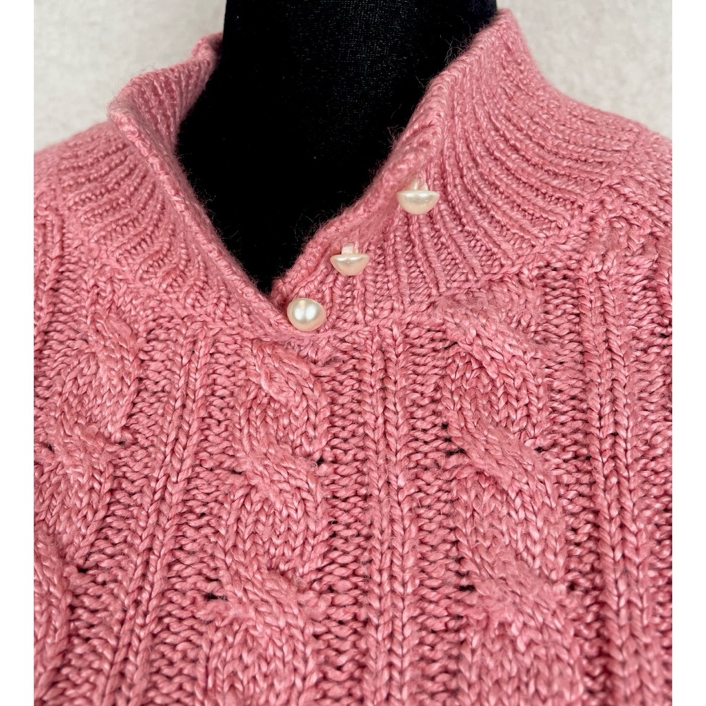KAREN SCOTT • Dusty Pink Cable Knit Faux Pearl Button Mock-neck Sweater, S - Picture 13 of 16